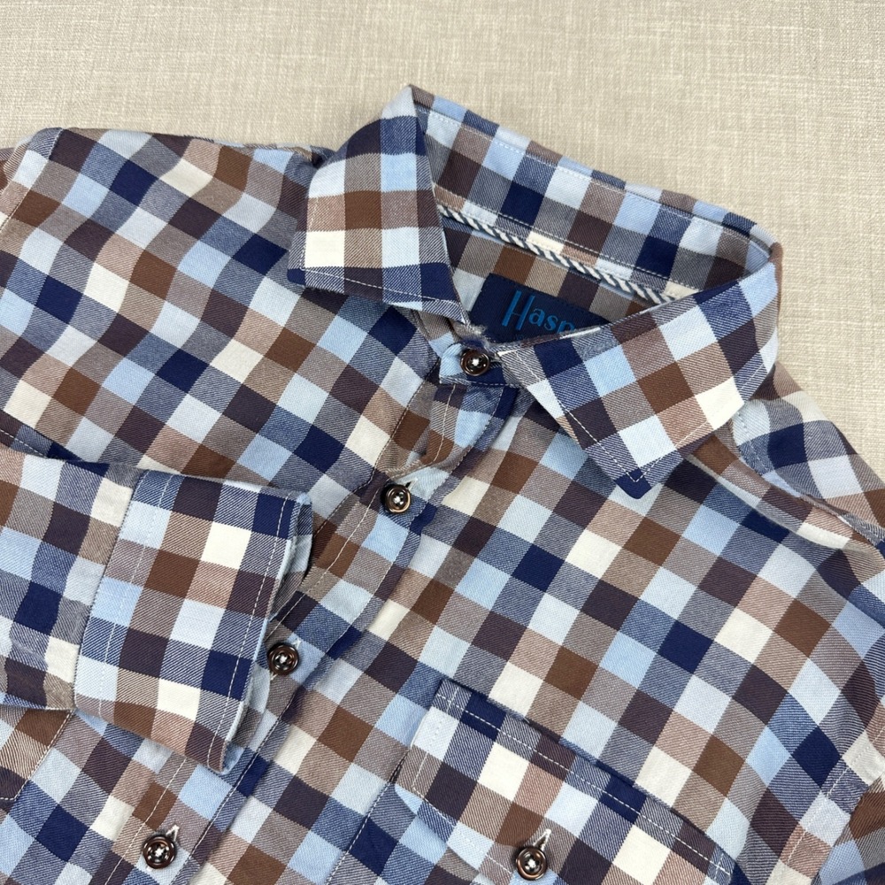 Haspel New Orleans Button Down Shirt Mens Small‎ Blue Brown Gingham Plaid Cotton